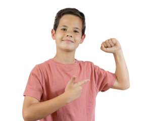 strong young beautiful boy points to the muscles of his arms isolated on transparent background. PNG transparent.