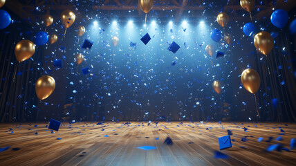 festive stage decorated with blue and gold balloons, confetti, and envelopes, creating celebratory atmosphere for graduation or event