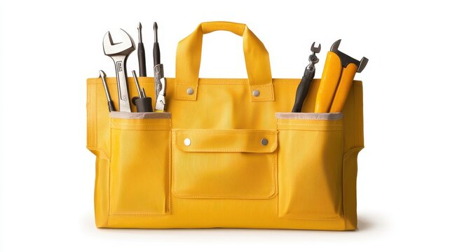Yellow tool bag filled with various tools and equipment.