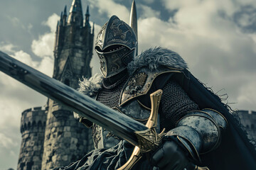 Naklejka premium Fantastic beautiful royal knight in iron armor guards castle chambers, abstract vivid composition consists of fictional unreal fantastic vision on background