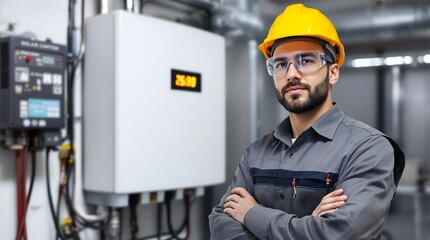 Technician Setting Up and Connecting Solar Power Inverters in a Modern Energy System (Industry)