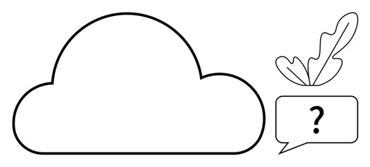 Bold cloud outline, floating leaf, speech bubble with question mark. Ideal for nature, environmental queries, uncertainty, cloud computing, brainstorming inquiry weather. Minimalist abstract line