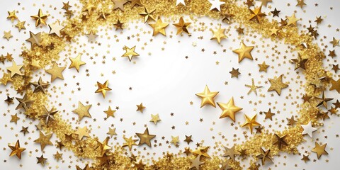 Glittering gold confetti scattered around a festive holiday frame with flying star shapes , celebratory, Christmas decoration