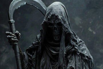 Scary grim reaper with sharp scythe in hell with dark dramatic color, abstract vivid composition consists of fictional unreal fantastic vision on background