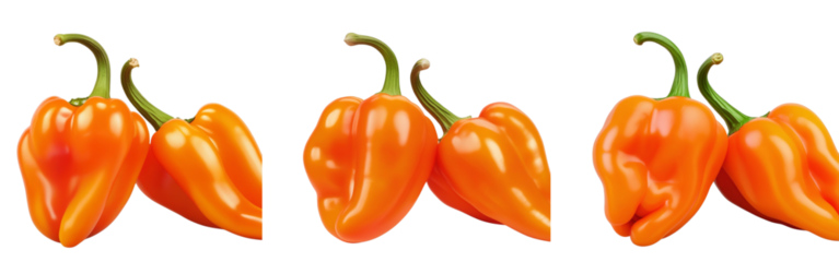  set of "Two vibrant orange habanero peppers with smooth, glossy skin and natural stems, arranged side by side, isolated on a transparent background