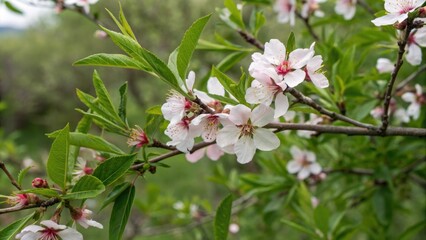 Fototapeta premium Almonds in full bloom against a backdrop of lush green leaves, plant life, leafy greens, nature photography, tree blooms, outdoor scene