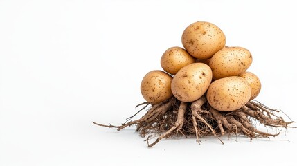 Cluster of fresh unpeeled potatoes with earthy texture and roots on a simple white background
