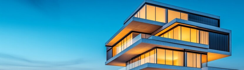 Obraz premium Three-story building with glass windows and dark metal top floor