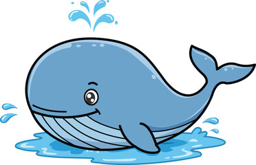 Cute Cartoon Whale Splashing in sea Water
