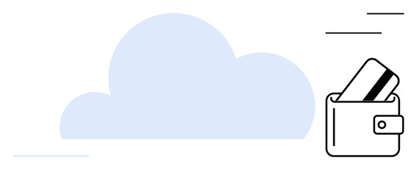 Light blue cloud shape with minimal lines, white wallet holding a credit card. Ideal for digital transactions, cloud storage, online security, fintech apps, financial tech, e-commerce, data privacy
