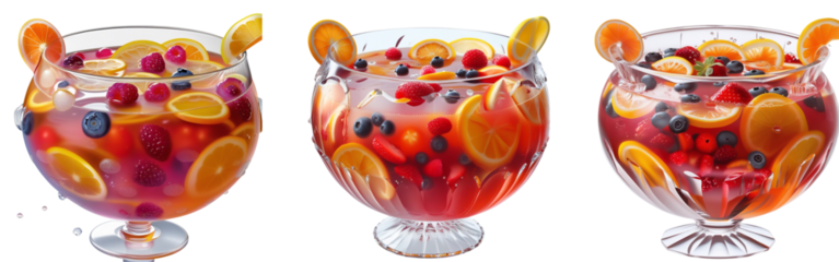  set of A glass punch bowl filled with a vibrant citrus and berry punch, featuring floating orange slices, lemon wedges, and fresh berries, isolated on a transparent background
