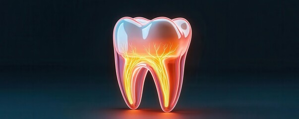 Digital tooth anatomy, highlighting nerve pathways and areas of sensitivity in glowing colors