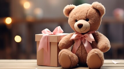 Adorable Little Brown Teddy Bear Sitting Beside Gift Box with Pink Ribbon in Cozy Indoor Setting, Perfect for Celebrations and Special Occasions