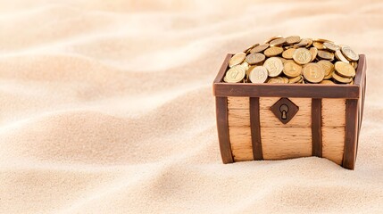 Treasure Chest Filled with Gold Coins on Sandy Beach Background, Generative AI.