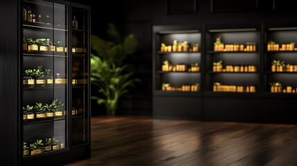 Elegant display of cosmetics and beauty products in a modern retail space, featuring warm lighting and stylish decor.