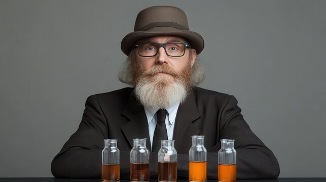 Man showcasing assorted beverage bottles.