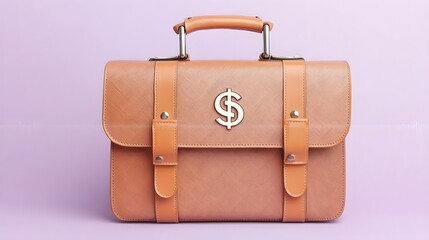 Stylish Leather Briefcase with Dollar Sign on Soft Pink Background, Generative AI.