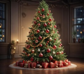 A stunning Christmas tree with ornaments and garlands in a swirling motion, garland, twinkling stars