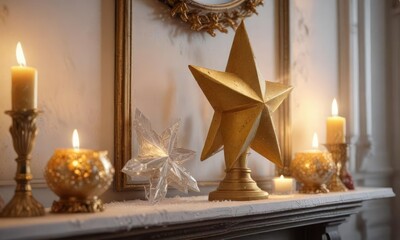 A stunning golden star atop a snow-covered mantelpiece, flanked by crystal vases and candles, snow, gold