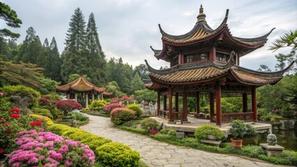 Obraz premium A stunning garden featuring an intricately designed pagoda with curved roofs and ornate details, set against a backdrop of vibrant flora and towering trees, scenic, trees, design