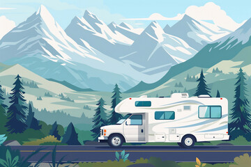 Holiday trip on large family motorhome for holiday in beautiful natural nature, abstract vivid composition consists of fictional unreal fantastic vision on background