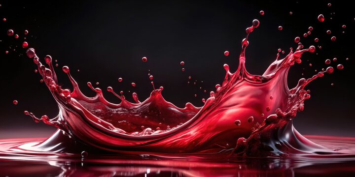 Deep crimson liquid splashes abstractly on a dark background, creating a mesmerizing visual effect , elegance, red wine
