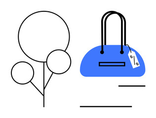 Blue handbag with price tag next to minimalist tree with round leaves. Ideal for retail, eco-friendly products, online shopping, fashion, marketing, advertising, and sustainability. Line metaphor