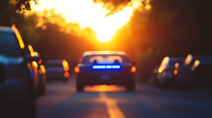 Fototapeta premium Police car with flashing lights driving towards sunset on a quiet street