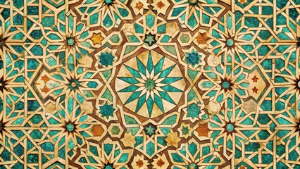 Distressed beige and turquoise geometric tiles with intricate Arabic calligraphy , #MoroccanPattern, #ColorfulTiles
