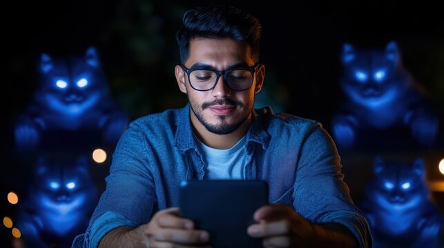 Man using smartphone with glowing cats behind.