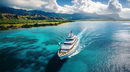 A luxurious yacht is parked on the edge of crystal-clear, turquoise waters, surrounded by rocky islands and lush greenery under a bright blue sky.