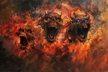 Scary sinister devil is in hell with dramatic bright fire lighting, abstract vivid composition consists of fictional unreal fantastic vision on background