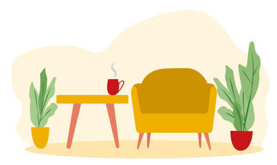 Cozy illustration of a yellow armchair with a coffee cup and decorative plants in a relaxed indoor setting