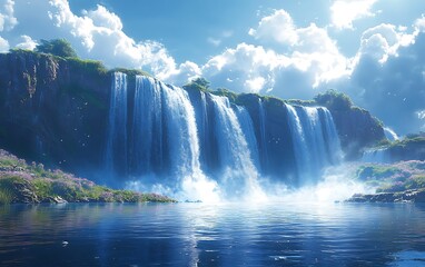 Fototapeta premium Heavenly Waterfall Landscape Sun, Clouds, Lush Green Nature