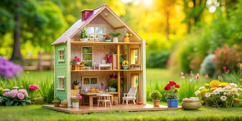 Cozy dollhouse with furniture and toys in a bright green garden background , garden, flower,  garden, flower, toystore