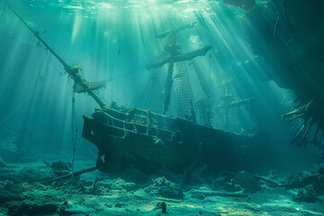 Underwater view of an old sunken ship on seabed with fish swimming around, abstract vivid composition consists of fictional unreal fantastic vision on background