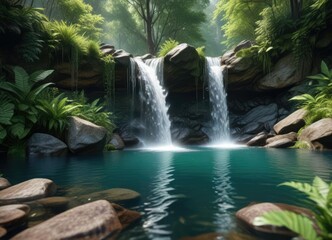 A tranquil waterfall cascades into a crystal-clear pool, creating a soothing melody that echoes through the forest, misty surroundings, tranquil pool, natural wonder