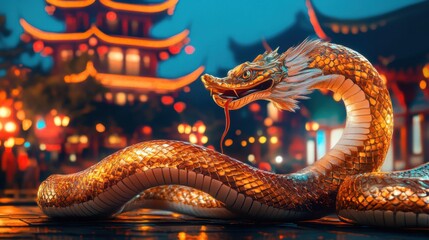 Fototapeta premium Majestic Dragon Statue Gracefully Adorning Urban Street with Vibrant City Life in Background Evoking Mystical and Enigmatic Atmosphere of Fantasy