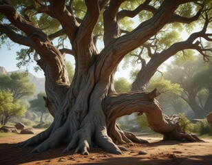 A tree with a thick and gnarled trunk and curved branches leaning against another tree , branches, brown