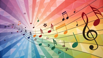 A vibrant cluster of musical notes arranged in dynamic motion against a kaleidoscope background, kinetic energy, psychedelic vibes