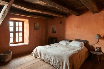 Rustic bedroom with earthy walls and exposed wooden beams