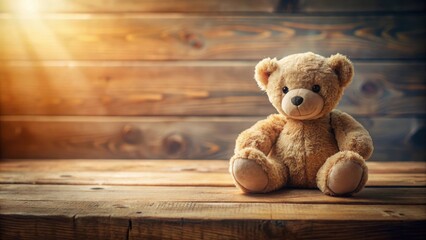 Obraz premium adorable teddy bear on wooden table with soft lighting and subtle shadows