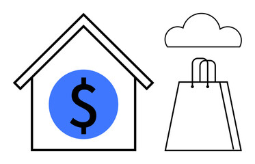 House with dollar sign inside, shopping bag, and cloud icon. Ideal for e-commerce, online shopping, home business, cloud storage, real estate financial transactions digital marketing. Line metaphor