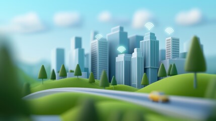 A stylized cityscape with modern skyscrapers, greenery, and a winding road, creating a vibrant, cheerful urban environment
