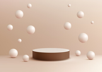 Minimalist 3D Cylindrical Podium with White and Brown Design and Floating Spheres, Product Display Mockup for Showroom Showcase