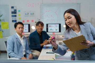 Focused asian businesswoman drawing a detailed business plan on a transparent glass board while collaborating with colleagues in a modern office meeting room during a late-night session