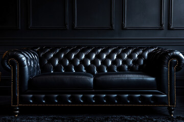 Obraz premium Black leather couch with gold studding in modern living room with minimalistic decor and large windows showcasing city skyline at night.