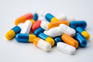 Variety of colorful capsules and tablets scattered on a plain surface for pharmaceutical display