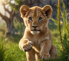 Obraz premium A young lion cub climbing over a stalk of grass with paws, green, adventurous