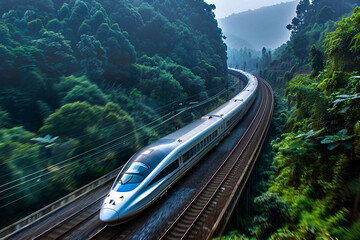 Modern big high-speed train in fast motion passes through railway stations, abstract vivid composition consists of fictional unreal fantastic vision on background